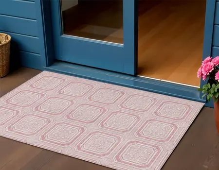 3' X 5' Pink And Ivory Geometric Washable Indoor Outdoor Area Rug