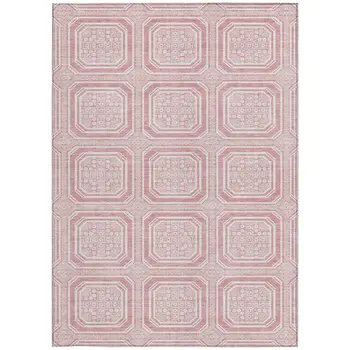 3' X 5' Pink And Ivory Geometric Washable Indoor Outdoor Area Rug