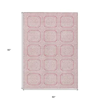 5' X 8' Pink And Ivory Geometric Washable Indoor Outdoor Area Rug