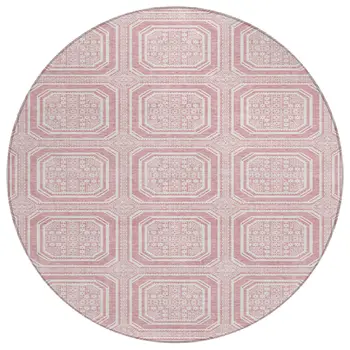 8' Pink And Ivory Round Geometric Washable Indoor Outdoor Area Rug