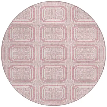 8' Pink And Ivory Round Geometric Washable Indoor Outdoor Area Rug