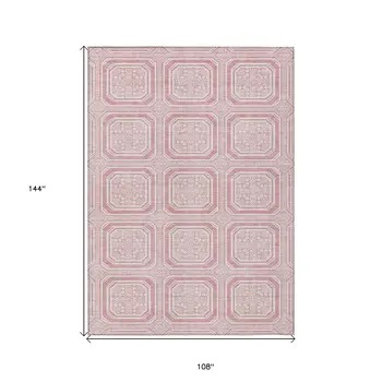 9' X 12' Pink And Ivory Geometric Washable Indoor Outdoor Area Rug