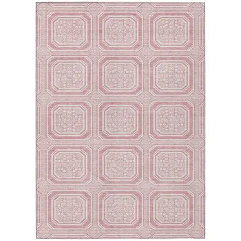 9' X 12' Pink And Ivory Geometric Washable Indoor Outdoor Area Rug