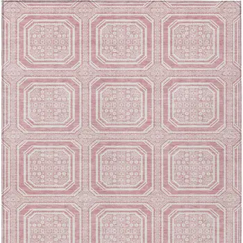 10' X 14' Pink And Ivory Geometric Washable Indoor Outdoor Area Rug