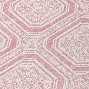 10' X 14' Pink And Ivory Geometric Washable Indoor Outdoor Area Rug
