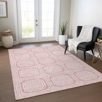 10' X 14' Pink And Ivory Geometric Washable Indoor Outdoor Area Rug