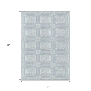 3' X 5' Sky Blue And Ivory Geometric Washable Indoor Outdoor Area Rug
