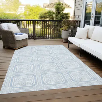 3' X 5' Sky Blue And Ivory Geometric Washable Indoor Outdoor Area Rug