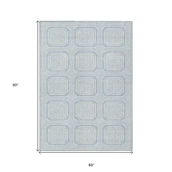 5' X 8' Sky Blue And Ivory Geometric Washable Indoor Outdoor Area Rug