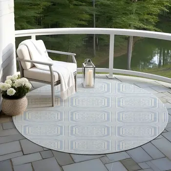 8' Sky Blue And Ivory Round Geometric Washable Indoor Outdoor Area Rug