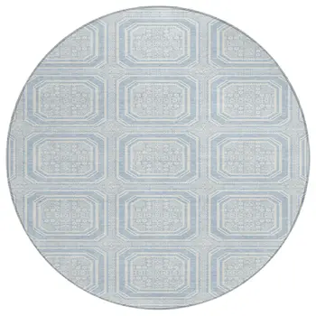 8' Sky Blue And Ivory Round Geometric Washable Indoor Outdoor Area Rug