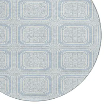 8' Sky Blue And Ivory Round Geometric Washable Indoor Outdoor Area Rug