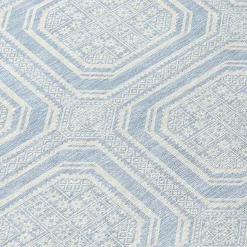 8' Sky Blue And Ivory Round Geometric Washable Indoor Outdoor Area Rug