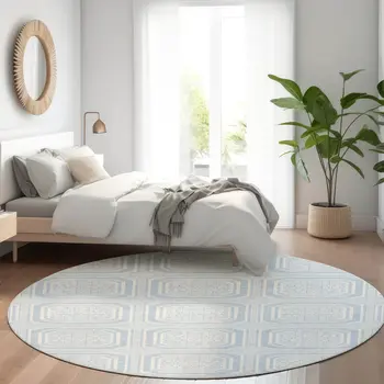 8' Sky Blue And Ivory Round Geometric Washable Indoor Outdoor Area Rug