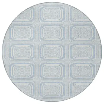 8' Sky Blue And Ivory Round Geometric Washable Indoor Outdoor Area Rug