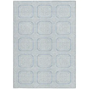 8' X 10' Sky Blue And Ivory Geometric Washable Indoor Outdoor Area Rug
