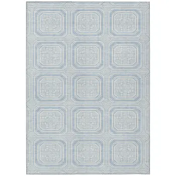 8' X 10' Sky Blue And Ivory Geometric Washable Indoor Outdoor Area Rug