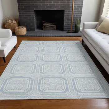 8' X 10' Sky Blue And Ivory Geometric Washable Indoor Outdoor Area Rug