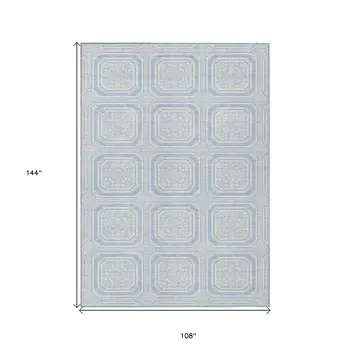 9' X 12' Sky Blue And Ivory Geometric Washable Indoor Outdoor Area Rug