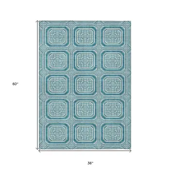 3' X 5' Teal Blue And Ivory Geometric Washable Indoor Outdoor Area Rug