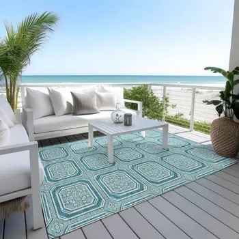 3' X 5' Teal Blue And Ivory Geometric Washable Indoor Outdoor Area Rug