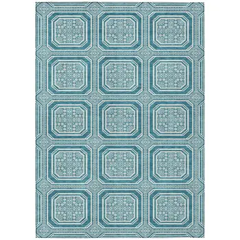 3' X 5' Teal Blue And Ivory Geometric Washable Indoor Outdoor Area Rug
