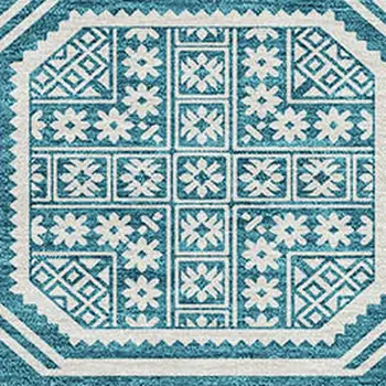 3' X 5' Teal Blue And Ivory Geometric Washable Indoor Outdoor Area Rug
