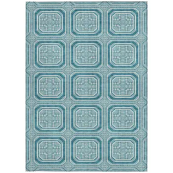 3' X 5' Teal Blue And Ivory Geometric Washable Indoor Outdoor Area Rug