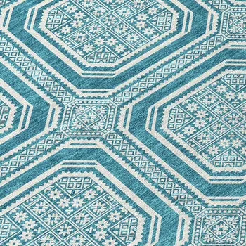 3' X 5' Teal Blue And Ivory Geometric Washable Indoor Outdoor Area Rug