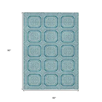 5' X 8' Teal Blue And Ivory Geometric Washable Indoor Outdoor Area Rug