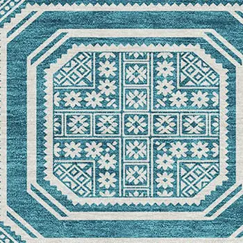 5' X 8' Teal Blue And Ivory Geometric Washable Indoor Outdoor Area Rug