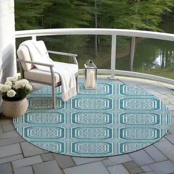 8' Teal Blue And Ivory Round Geometric Washable Indoor Outdoor Area Rug