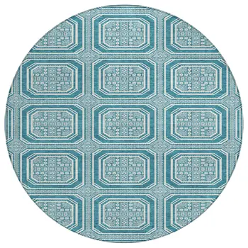 8' Teal Blue And Ivory Round Geometric Washable Indoor Outdoor Area Rug