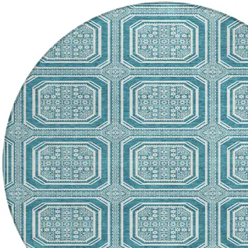 8' Teal Blue And Ivory Round Geometric Washable Indoor Outdoor Area Rug
