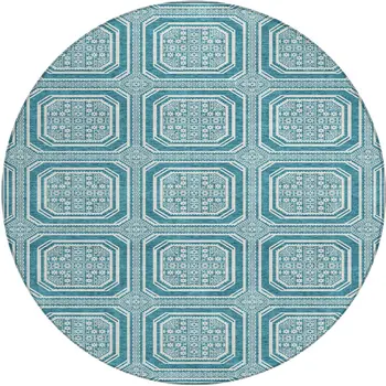 8' Teal Blue And Ivory Round Geometric Washable Indoor Outdoor Area Rug