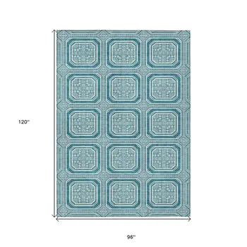 8' X 10' Teal Blue And Ivory Geometric Washable Indoor Outdoor Area Rug