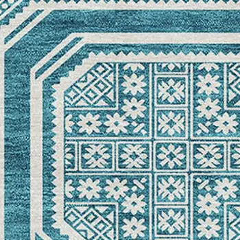 8' X 10' Teal Blue And Ivory Geometric Washable Indoor Outdoor Area Rug