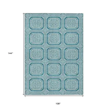 9' X 12' Teal Blue And Ivory Geometric Washable Indoor Outdoor Area Rug