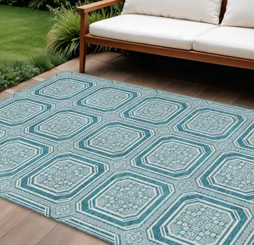 10' X 14' Teal Blue And Ivory Geometric Washable Indoor Outdoor Area Rug
