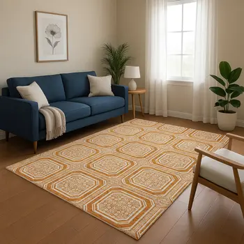 3' X 5' Terra Cotta And Ivory Geometric Washable Indoor Outdoor Area Rug