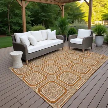 3' X 5' Terra Cotta And Ivory Geometric Washable Indoor Outdoor Area Rug