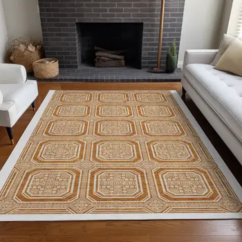 3' X 5' Terra Cotta And Ivory Geometric Washable Indoor Outdoor Area Rug