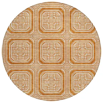 8' Terra Cotta And Ivory Round Geometric Washable Indoor Outdoor Area Rug