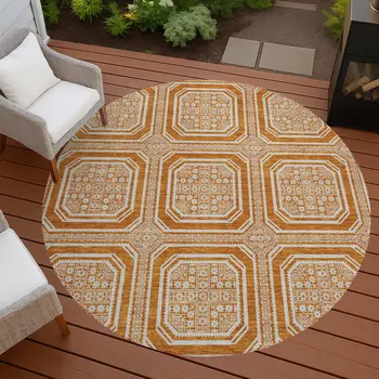 8' Terra Cotta And Ivory Round Geometric Washable Indoor Outdoor Area Rug