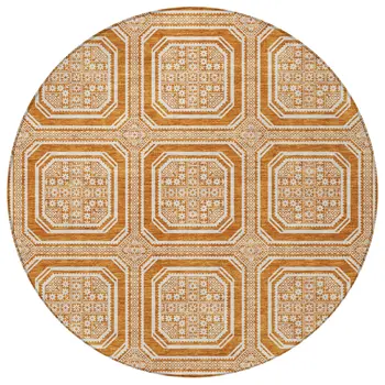 8' Terra Cotta And Ivory Round Geometric Washable Indoor Outdoor Area Rug