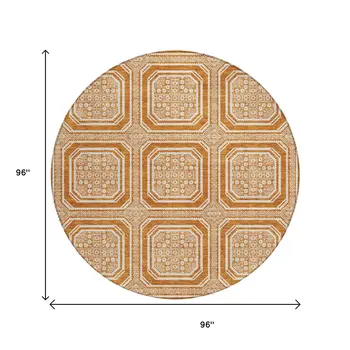 8' Terra Cotta And Ivory Round Geometric Washable Indoor Outdoor Area Rug