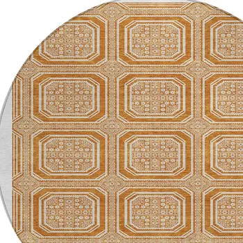 8' Terra Cotta And Ivory Round Geometric Washable Indoor Outdoor Area Rug