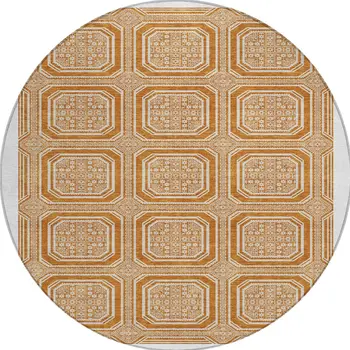 8' Terra Cotta And Ivory Round Geometric Washable Indoor Outdoor Area Rug