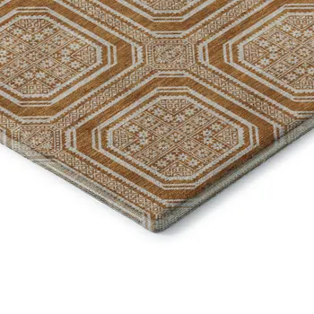 8' Terra Cotta And Ivory Round Geometric Washable Indoor Outdoor Area Rug