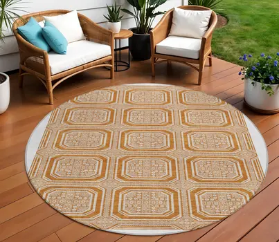 8' Terra Cotta And Ivory Round Geometric Washable Indoor Outdoor Area Rug